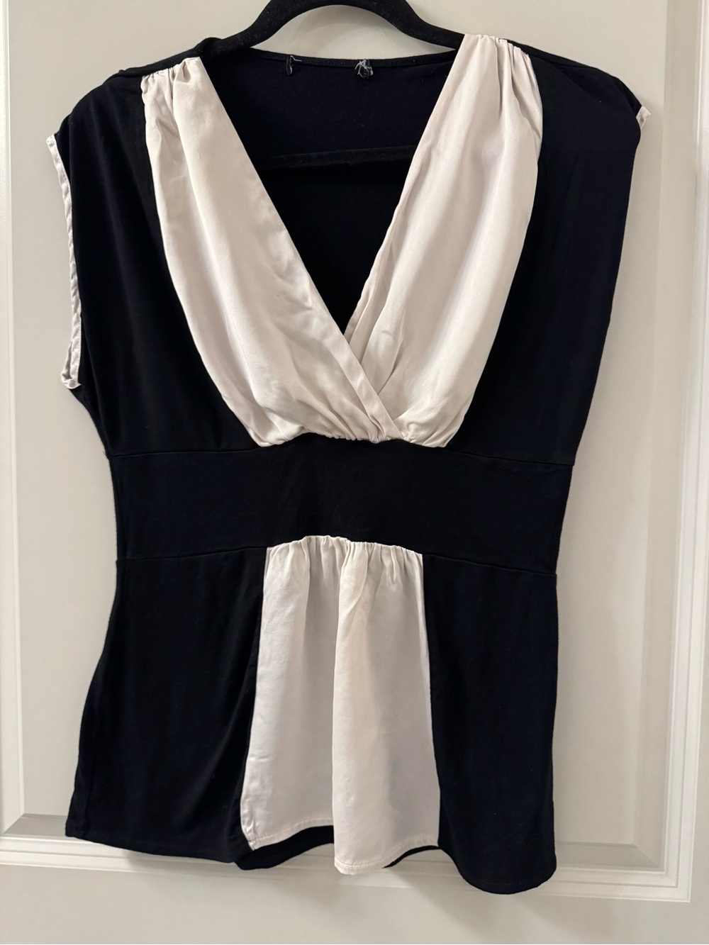 Y2K Pure Silk Rayon Color Block Babydoll Empire Waist Black Ivory Going Out Top